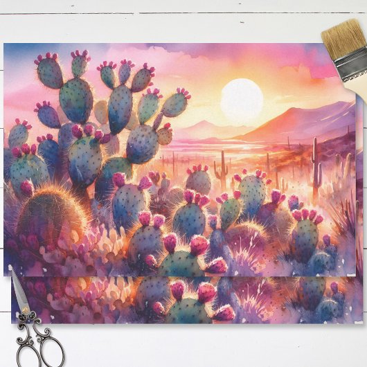 Waterverf Cactus Flowers Desert Sunset Decoupage Tissuepapier