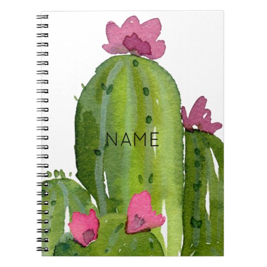 Waterverf Cactus Flowers NAAM Groen Roze Wit Notitieboek (Voorkant)