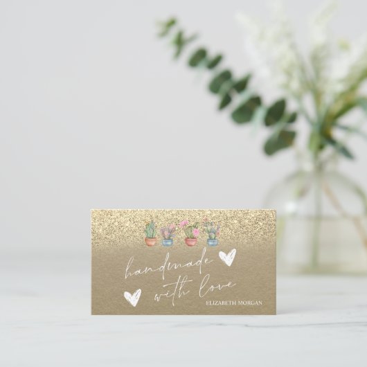 Waterverf Cactus Hearts Gold Glitter Kraft Visitekaartje (Staand voorkant)