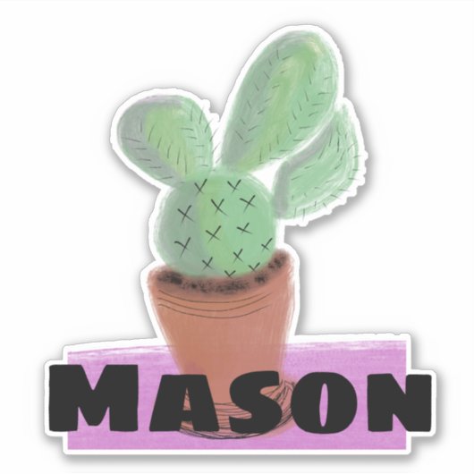 Waterverf Cactus in Pot Custom Name Sticker (Voorkant)