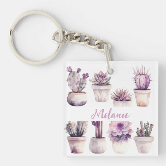 waterverf cactus in pot sleutelhanger (voorkant)