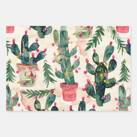 waterverf Cactus kerstverlichting voor cadeau geve Inpakpapier Vel (Voorkant 3)