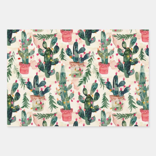 waterverf Cactus kerstverlichting voor cadeau geve Inpakpapier Vel (Voorkant)