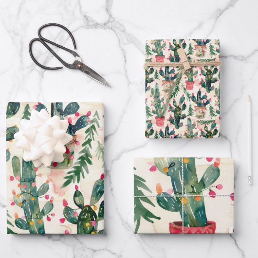 waterverf Cactus kerstverlichting voor cadeau geve Inpakpapier Vel (Voorkant)