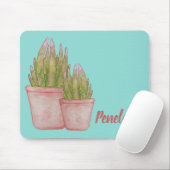 Waterverf Cactus met Jouw naam Pink en Aqua Muismat (Met muis)