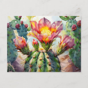 Waterverf Cactus met levendige woestijnbloemen Briefkaart