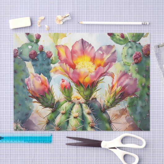 Waterverf Cactus met levendige woestijnbloemen Tissuepapier (Craft)