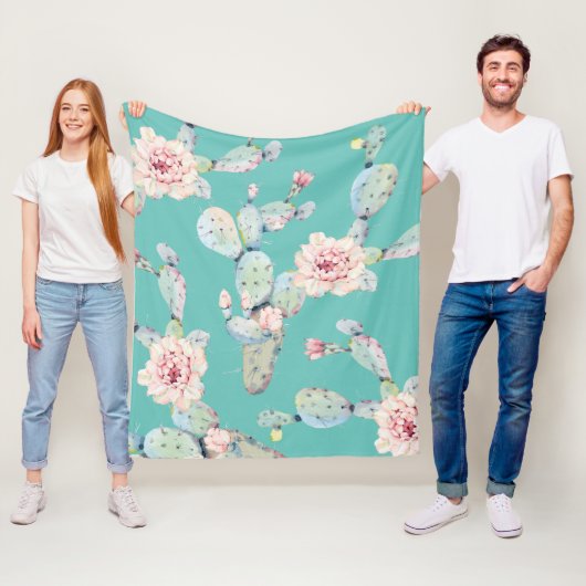 Waterverf Cactus met Roze Bloemen Modern Pattern Fleece Deken (In situ)