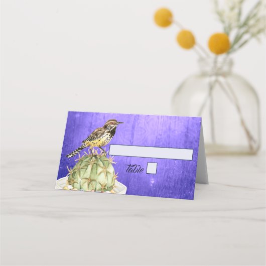 Waterverf Cactus met Wren Bird Wedding Plaatskaartje (Voorkant)