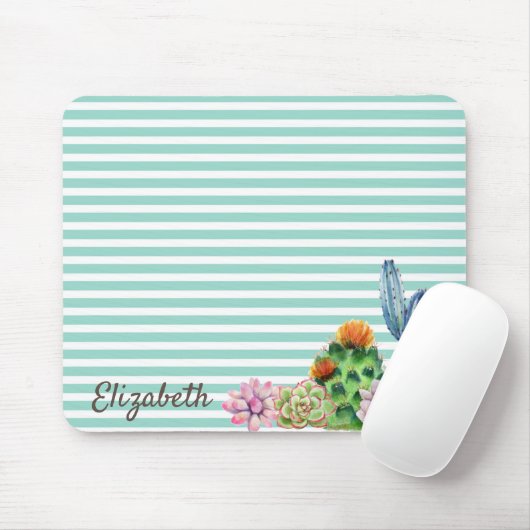 Waterverf Cactus, Mint Green Stripe Muismat (Met muis)