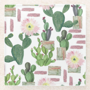 Waterverf Cactus Naadloos Schilderpatroon Glazen Onderzetter