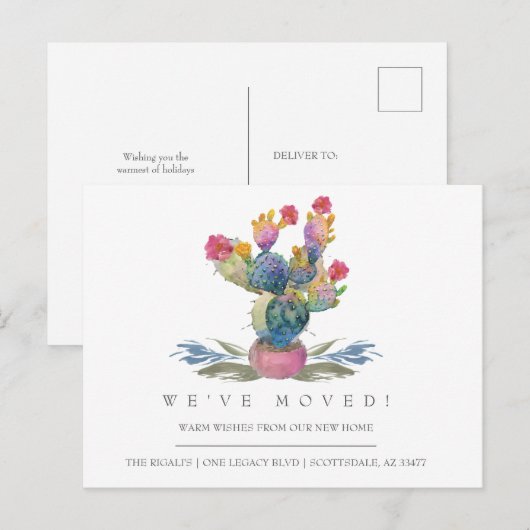 Waterverf Cactus New Home Moving Announge Briefkaart (Voorkant / Achterkant)
