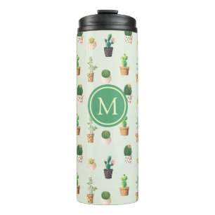 Waterverf Cactus Pattern Mint Green Monogram Thermosbeker