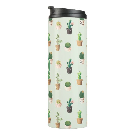 Waterverf Cactus Pattern Mint Green Monogram Thermosbeker (Geroteerd rechts)