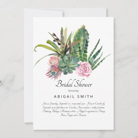 Waterverf Cactus Pink Floral White Vrijgezellenfee Kaart (Voorkant)
