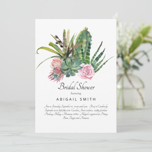 Waterverf Cactus Pink Floral White Vrijgezellenfee Kaart (Staand voorkant)