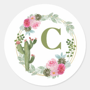 Waterverf Cactus Pink Floral Wreatsgepersonaliseer Ronde Sticker