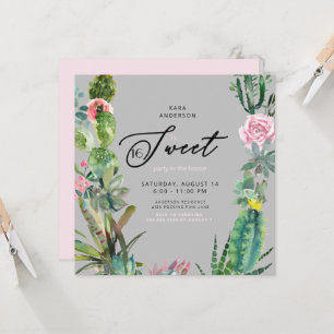 Waterverf Cactus Pink & Grey Sweet 16 Birthday Kaart