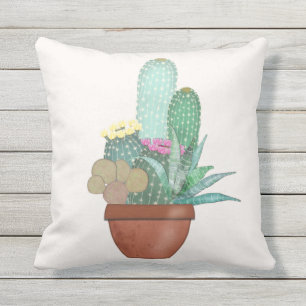 Waterverf Cactus Plant Gele Roze Bloemen Buitenkussen