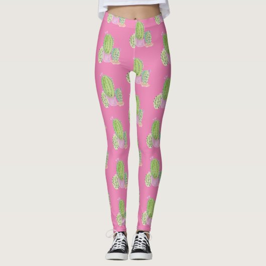 Waterverf Cactus Pot Plant Patroonroze Leggings (Voorkant)