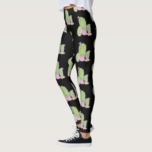 Waterverf Cactus Pot Plant Pattern Black Leggings (Links)