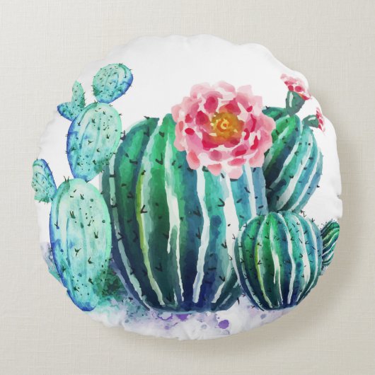 waterverf Cactus Rond Kussen (Voorkant)