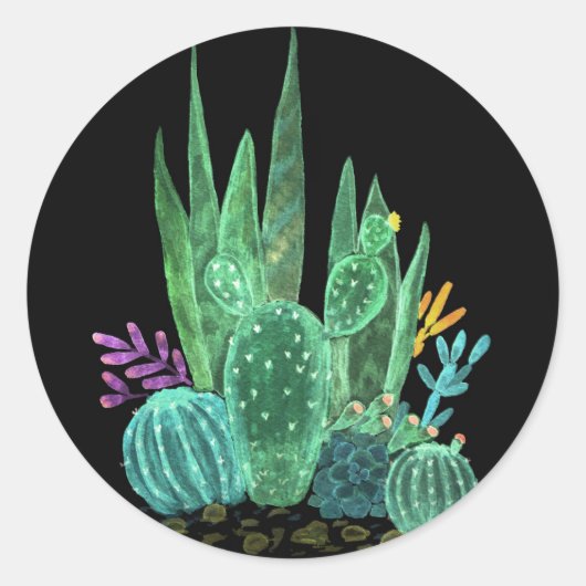Waterverf, cactus ronde sticker (Voorkant)