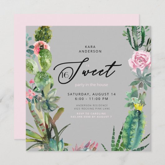 Waterverf Cactus Roze & Grijs Sweet 16 Verjaardag Kaart (Voorkant / Achterkant)