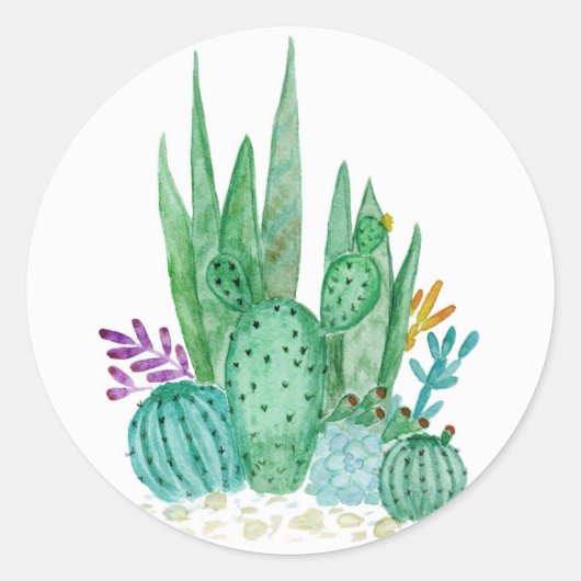 Waterverf , cactus , sacharose ronde sticker (Voorkant)