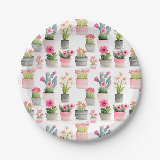 Waterverf Cactus Sappig Patroon Roze Western Papieren Bordje (Voorkant)