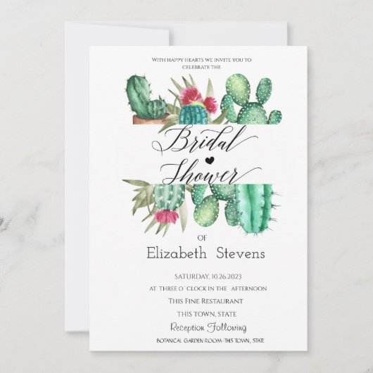 Waterverf Cactus Script Stippen Bruidsdouche  Kaart (Voorkant)