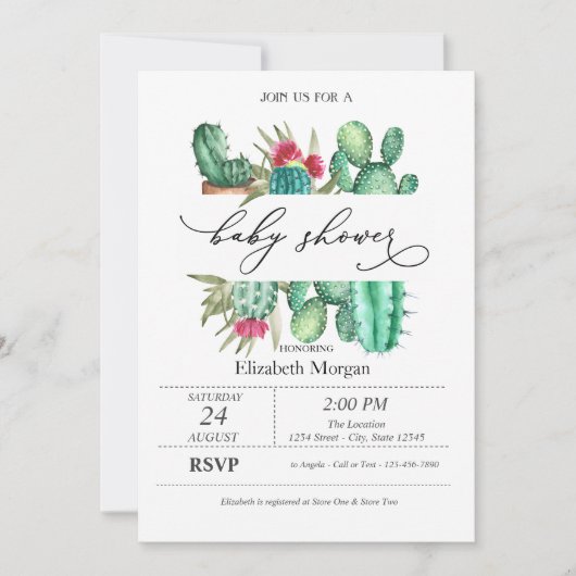 Waterverf Cactus Stippen Baby Shower Kaart (Voorkant)