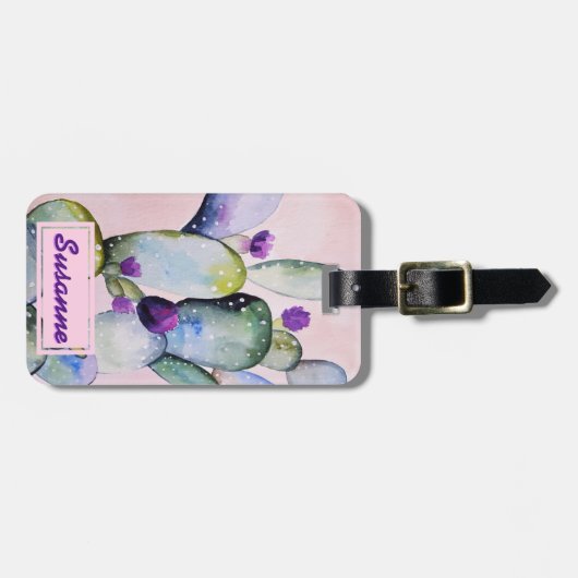 Waterverf Cactus Succulent Floral Personalized Bagagelabel (Voorkant horizontaal)
