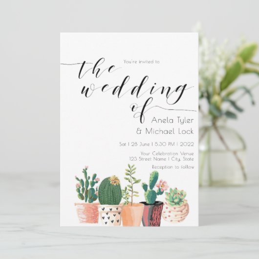 Waterverf Cactus Succulent Typografie Bruiloft Kaart (Staand voorkant)