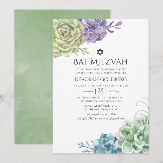 Waterverf Cactus Succulenten Bat Mitzvah Kaart (Voorkant / Achterkant)