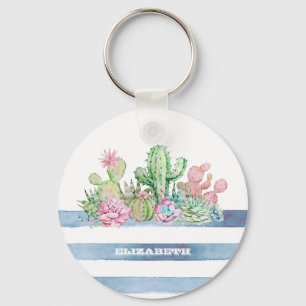 Waterverf Cactus Succulenten Bloemen Strepen Sleutelhanger
