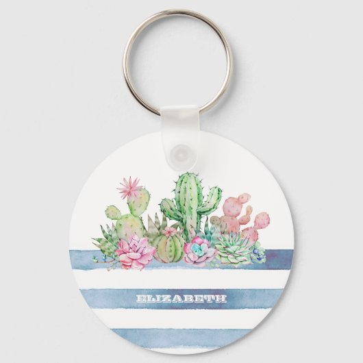 Waterverf Cactus Succulenten Bloemen Strepen Sleutelhanger (Voorkant)