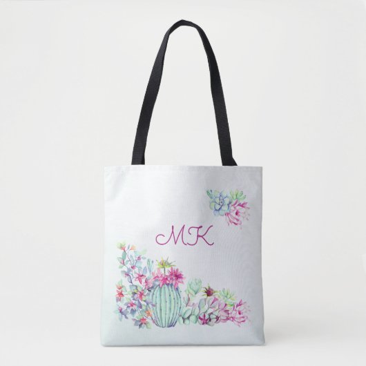 Waterverf Cactus & Succulenten Monogram Tote Bag (Voorkant)
