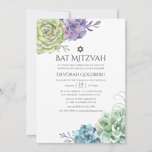 Waterverf Cactus Succulents Bat Mitzvah Kaart (Voorkant)