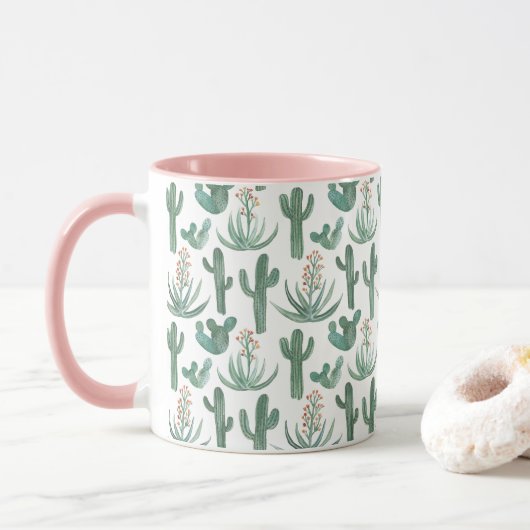 Waterverf Cactus & Succulents Desert Pattern Pink Mok (Met donut)