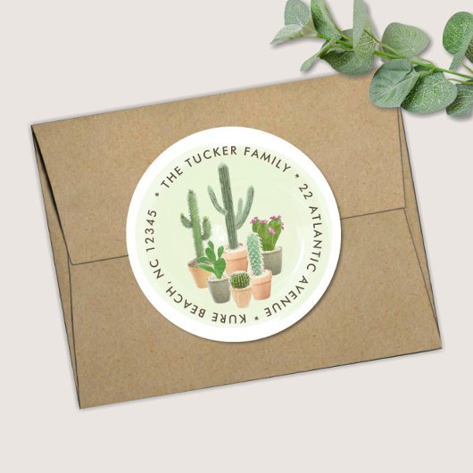 Waterverf Cactus Succulents Pots Return Address C Ronde Sticker