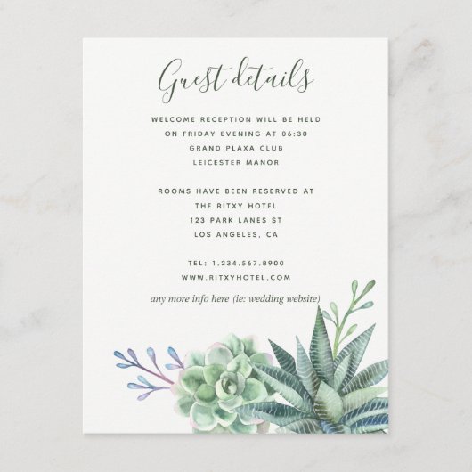 Waterverf Cactus Succulents Wedding Guest Details Informatiekaartje (Voorkant)