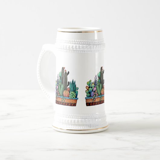 Waterverf cactus tuin in potten bierpul (Voorkant links)