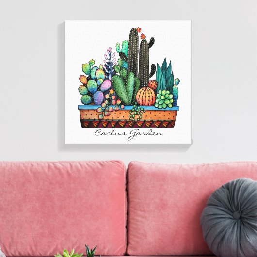Waterverf cactus tuin in potten canvas afdruk (Insitu (Woonkamer))