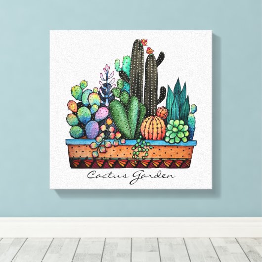 Waterverf cactus tuin in potten canvas afdruk (Insitu (Houten vloer))