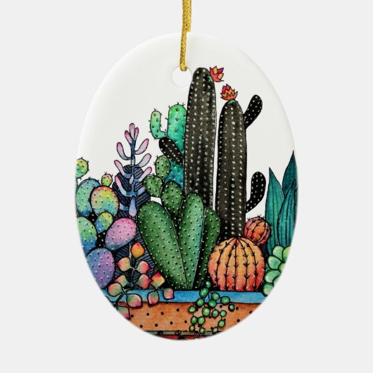 Waterverf cactus tuin in potten keramisch ornament (Voorkant)