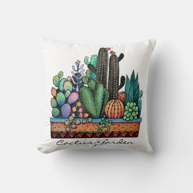 Waterverf cactus tuin in potten kussen (Voorkant)