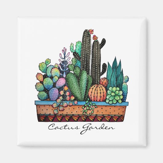 Waterverf cactus tuin in potten magneet (Voorkant)