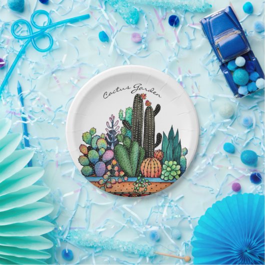 Waterverf cactus tuin in potten papieren bordje (Feest)