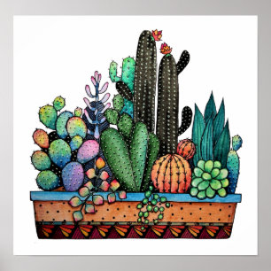 Waterverf cactus tuin in potten poster